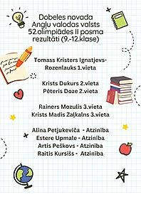 Dobeles novada Angļu valodas valsts 52.olimpiādes II posma rezultāti (9.-12.klase)